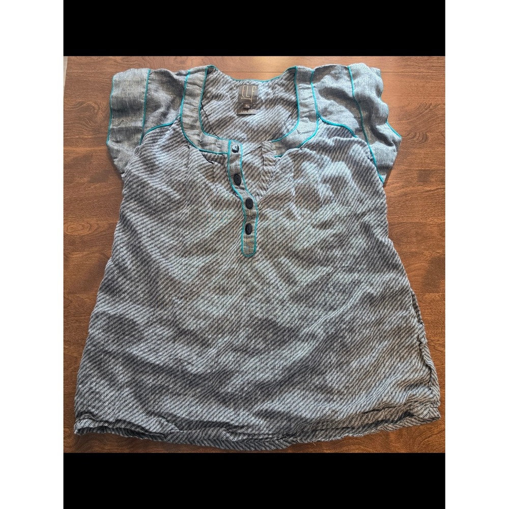 Elf By Dressline Grey Stripe Cap-Sleeve Henley Top with Teal Trim